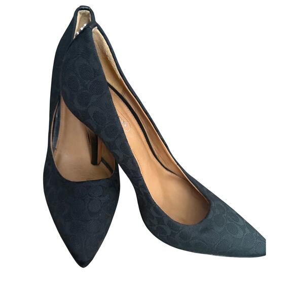 Coach Black Pointed Toe Heels Size 5.5B Logo Fabric Kitten Heel Flaw